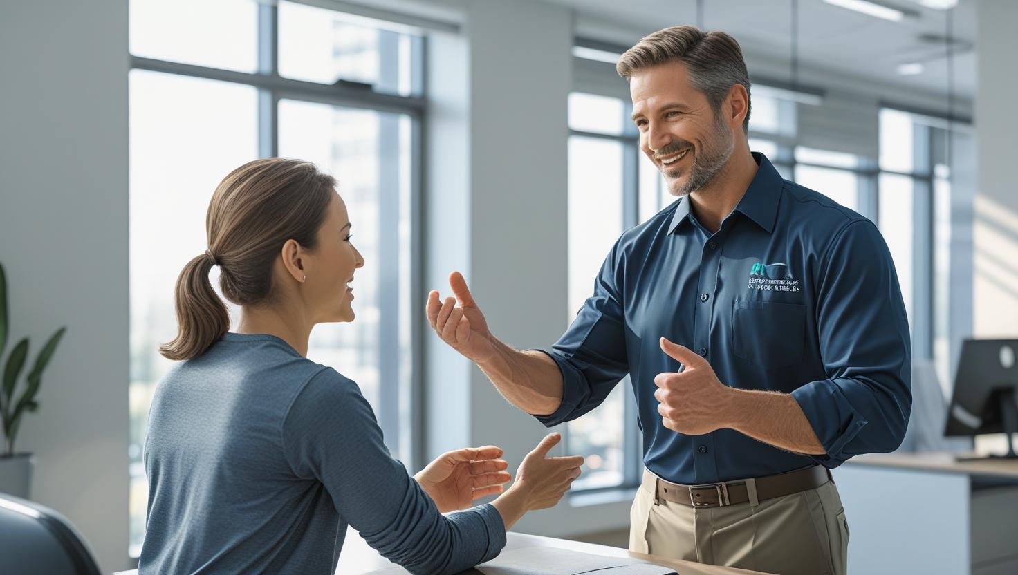Kinesiólogo conversando con trabajador en entorno corporativo para convenio de salud laboral